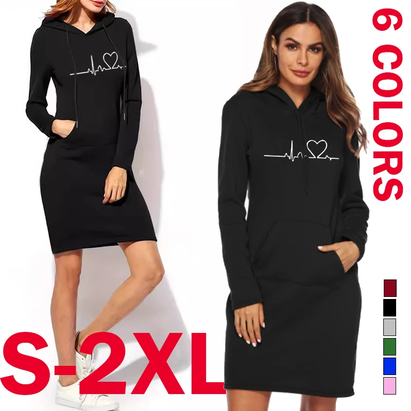 New Casual Women Solid Color Print Long Sleeve Pocket Bodycon Hooded Sweatshirt Hoodies Dress Long Sleeve Tunic Dress Top