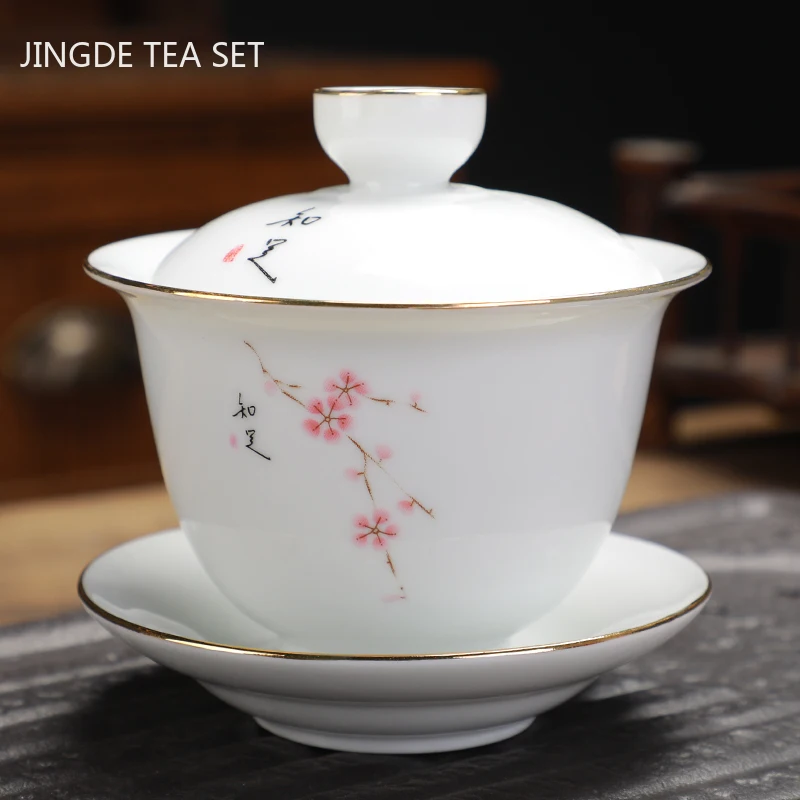 Chinese Dehua Ceramic Gaiwan with Cover Teacup Mutton Fat Jade White Porcelain Tea Bowl Household Tea Set Hand Grab Pot 170ml
