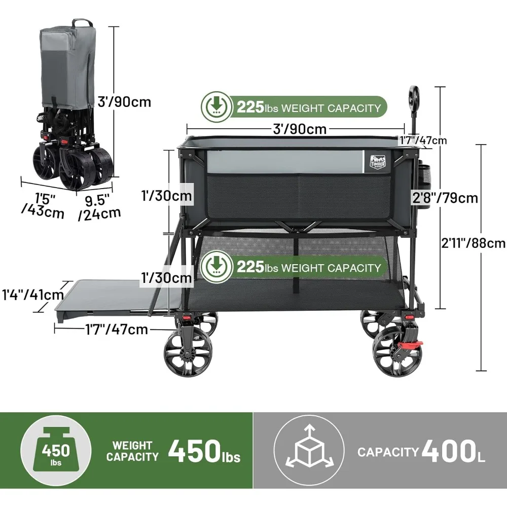 400L Large Capacity Folding Double Decker Wagon with Brakes,54" Extra Long Extender Wagon Cart450lbs Heavy Duty Collapsible Cart