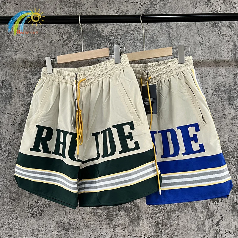 

Summer Men's Jogger Rhude Shorts Women Casual Couple Ribbon Striped Breeches Inside Mesh Splice Pocket Embroidery Logo Tags