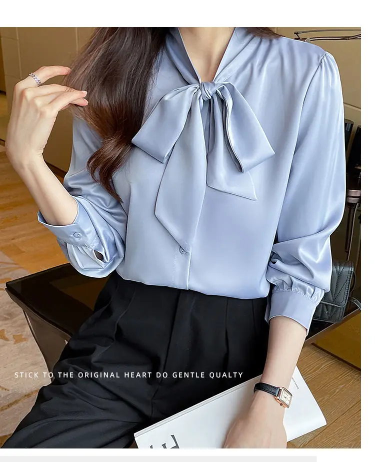 Korean Lacing Loose Solid Blouse Spring Autumn New Chiffon Long Sleeve All-match Elegant Shirt Tops Fashion Office Women Clothes