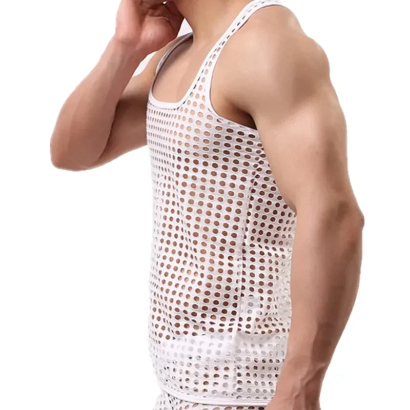 Men's Sexy Sheer Mesh Hollow Out Tank Tops Boxers Shorts Gay Male Muscle See-through Breathable Fishnet Gym Fitness Vests Trunks