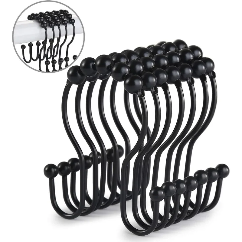 

Double Hook Shower Curtain Hook, Stainless Steel, Anti-Rust, Smooth Slide, Anti-drop, Black, 12Pcs