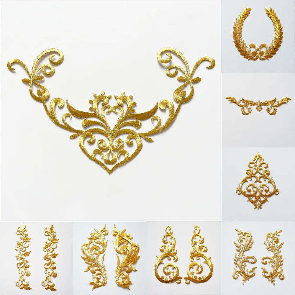 Gold Silver Embroidered Baroque Flower Applique Iron Sew On Patch For Wedding Bridal Gown Clothes Fabric Dress Decor DIY Crafts