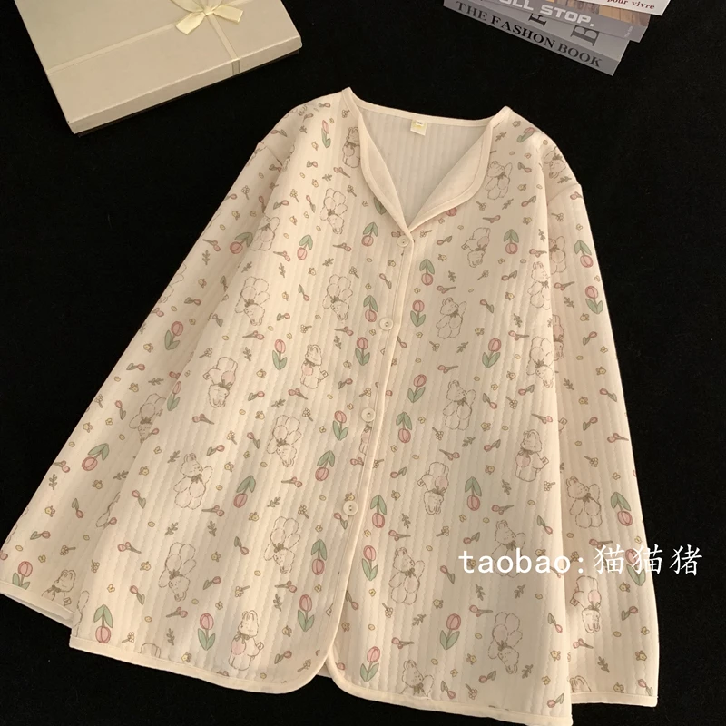 Home Wear Adult Loose Casual Cartoon Cute Printed Cotton Autumn and Winter Thickened Warm Long Sleeve Suit Spring and Autumn 1Pc