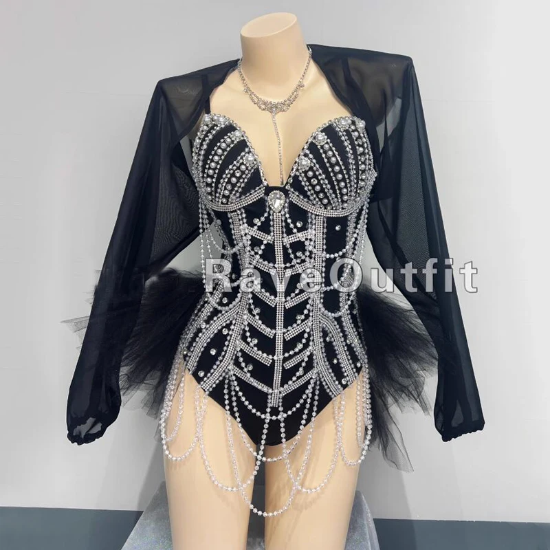 

Full Rhinestones Pearls Lace Bodysuit Women Party Gogo Dance Outfit Sexy Jazz Wear Festival Costumes Stage Rave Clothes XS7151