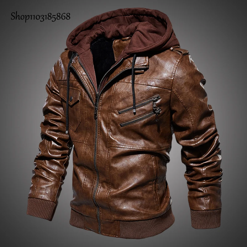 

Faux Leather Jackets Men Hat Detachable Winter New Casual Motorcycle Men's PU Coats Biker Cool Windbreaker Male M-5XL DDBE-T14