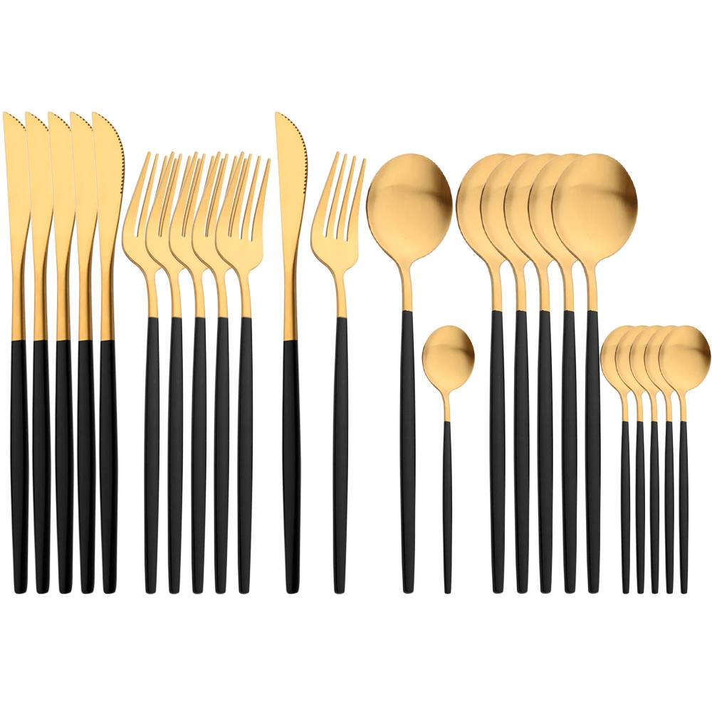 

24Pcs Black Handl Gold Dinnerware Set Stainless Steel Knife Fork Spoon Silverware Cutlery Set Kitchen Flatware Set Service for 6