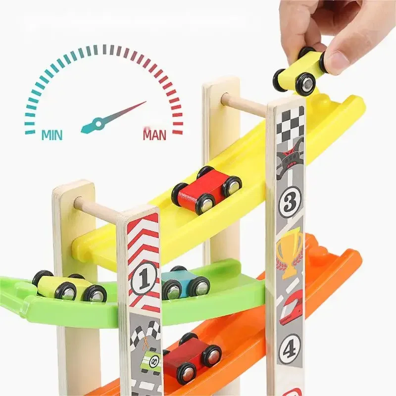 4/7 Track Wooden Ramp Racing Toddler Toy Car Set Montessori Educational Toy Game Mini Inertia Slide Roller Coaster Racing 4