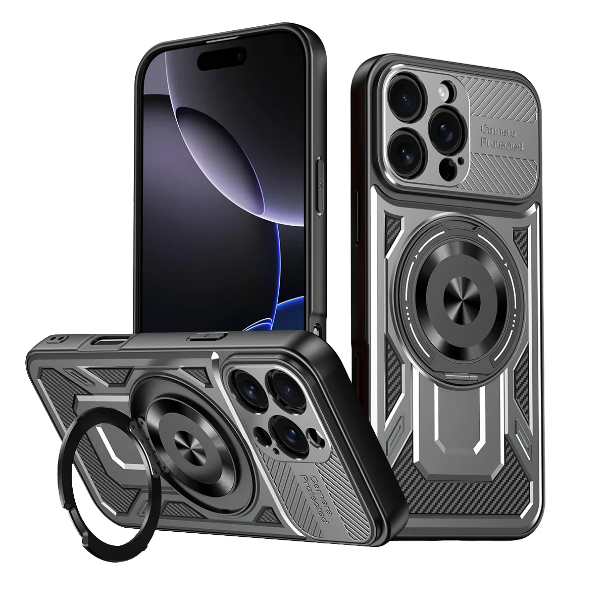 360° Magnetic Ring Stand Metal Case with Wireless Charging and Anti-Fall Protection