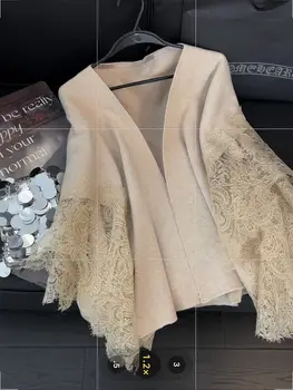 Scialle lavorato a maglia con giunture in pizzo da donna stile francese elegante giacca a vento da donna cappotto maglione nuovo arrivo stagione primaverile colore puro