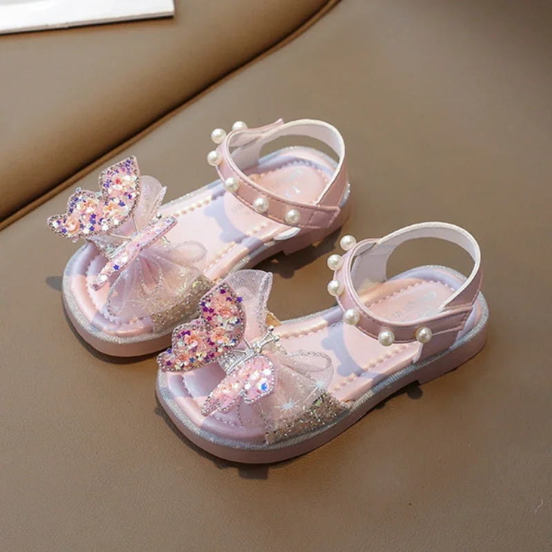 

Toddler Girls Sandals Summer Children Princess Sequins Butterfly Flat Sandals Fashion Pearl Kids Causal School Open-toe Sandals
