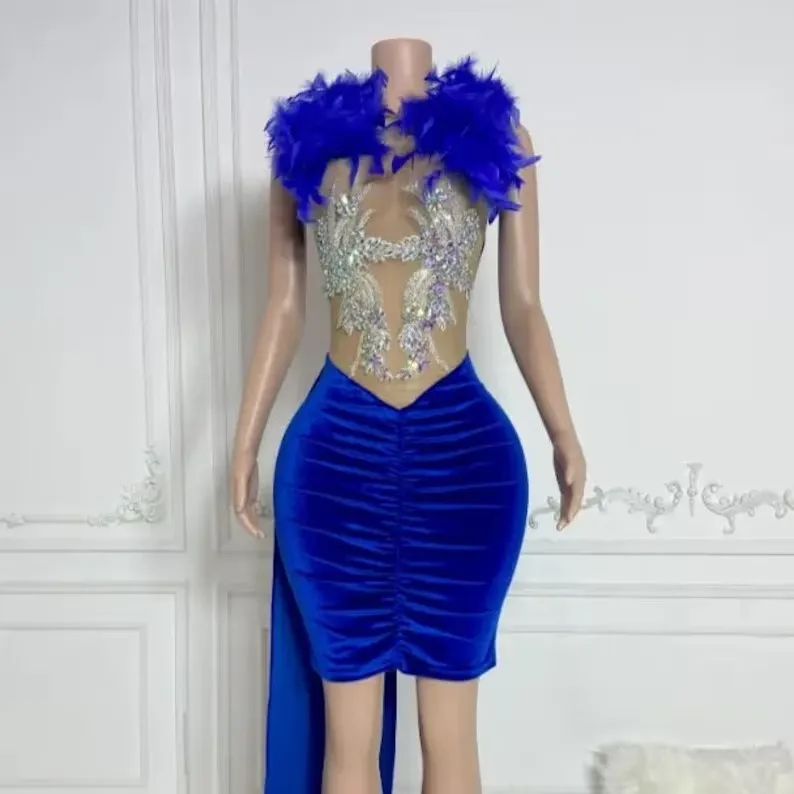 

Royal Blue Feather Diamond Short Prom Dresses Black Girls Beaded Birthday Party Dresses African Mini Cocktail Dresses Homecoming