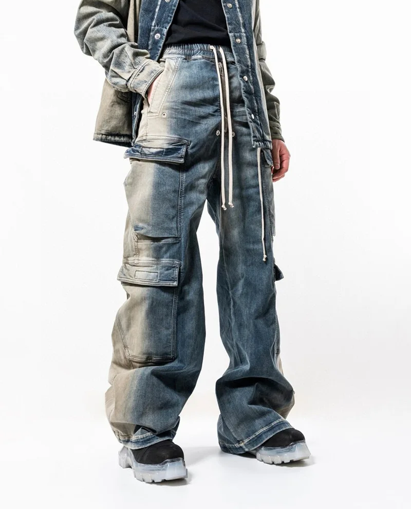 

Dark Owens Jeans Pants Fashion Design Pocket Cargo Wide-leg Ro Jeans Gradient Denim Loose Causal Bell Bottoms For Men