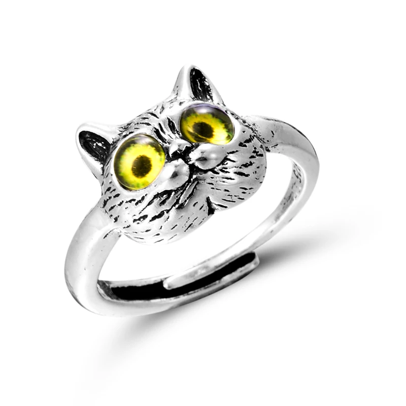 Neue süße silberfarbene Katzenringe für Damen, 3-farbige Katzenaugen, offener Paarring, Gothic-Hochzeits-Fingeraccessoires – Detail 15