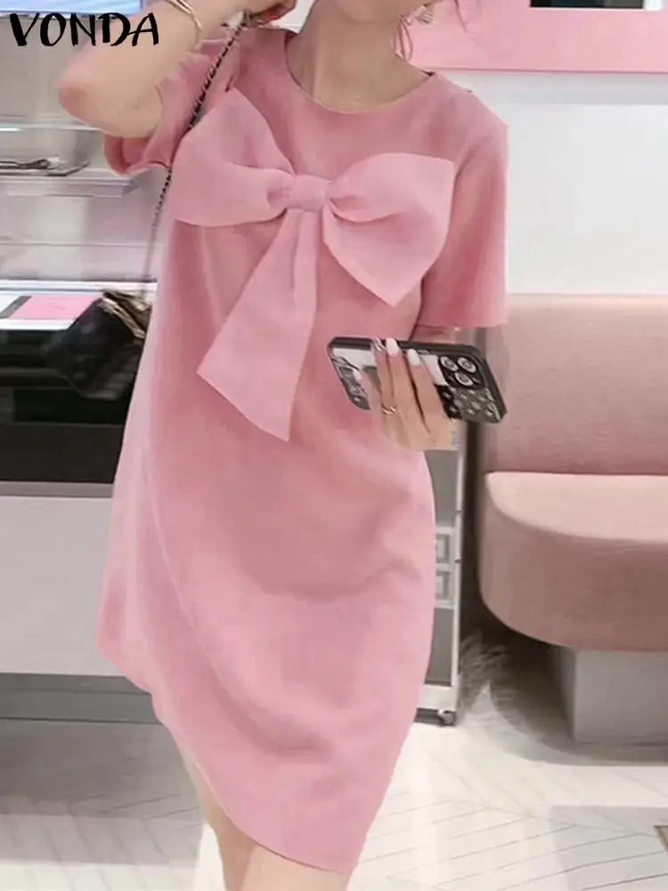 

Party Mini Dress Women 2023 VONDA Summer Elegant Short Sleeve Bow Sundress VONDA Neck Casual Solid Color Vestidos Robe Femme