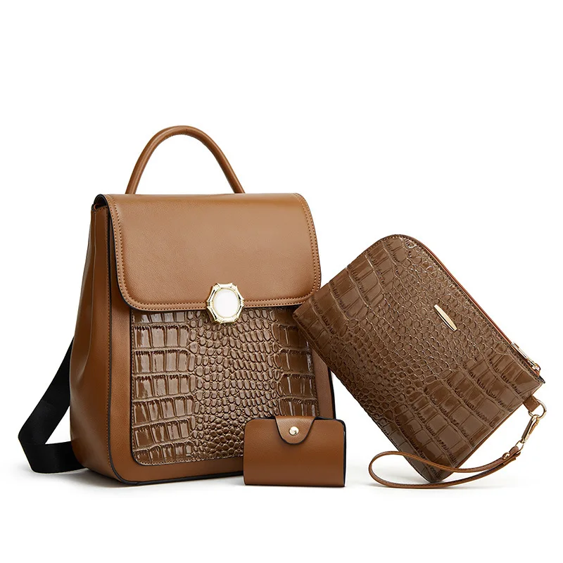 

Fashion Women Shoulder Bag 3pcs Combination Large Capacity Retro Crocodile Texture Backpack Multi-purpose Leisure Travel Bags