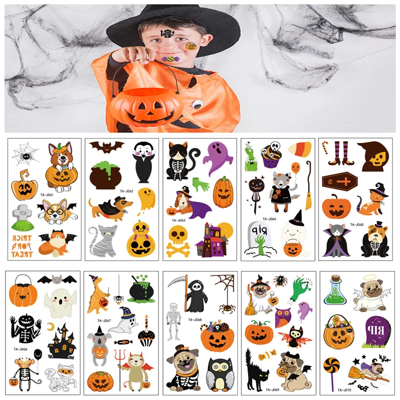 

20pcs Kids Tattoo Temporary Waterproof Body Art Children Funny Ghost Pumpkin Face Temporary Tattoos Halloween Cartoon Fake Tatoo