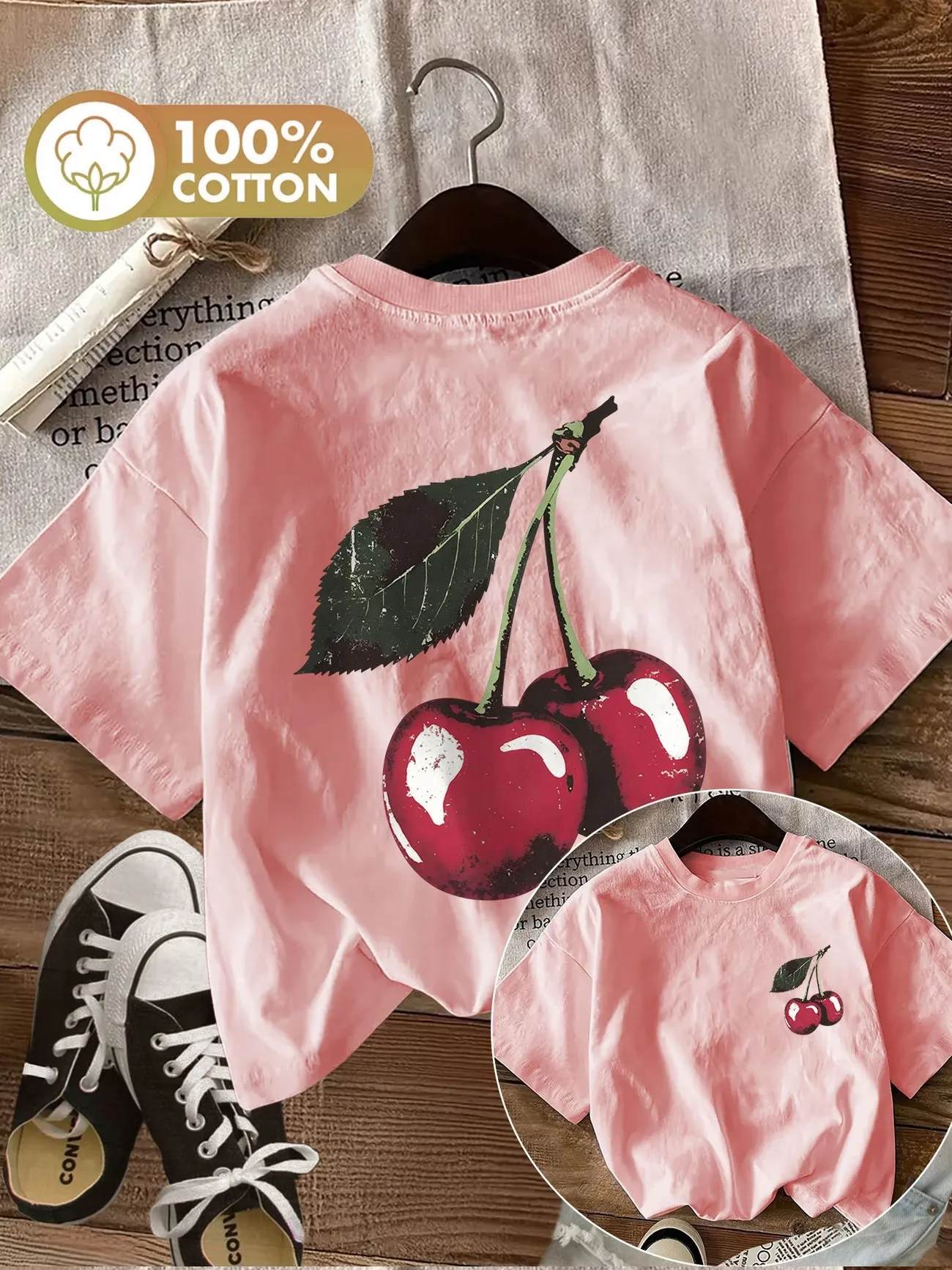 Vintage-Inspired Retro Cherry Graphic Tee - 100% Cotton Women's T-Shirt with Crew Neck & Short Sleeves