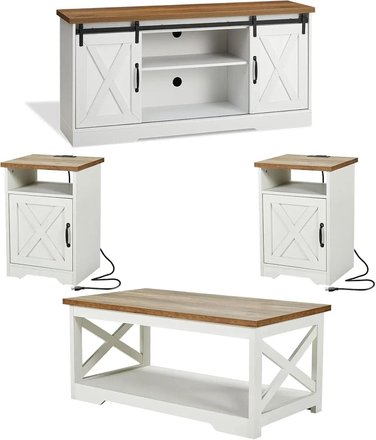 4-Piece Farmhouse Table Set Includes Sliding Barn Door TV Stand, Coffee Table& Two End Tables, Side Table with Charging Station 6