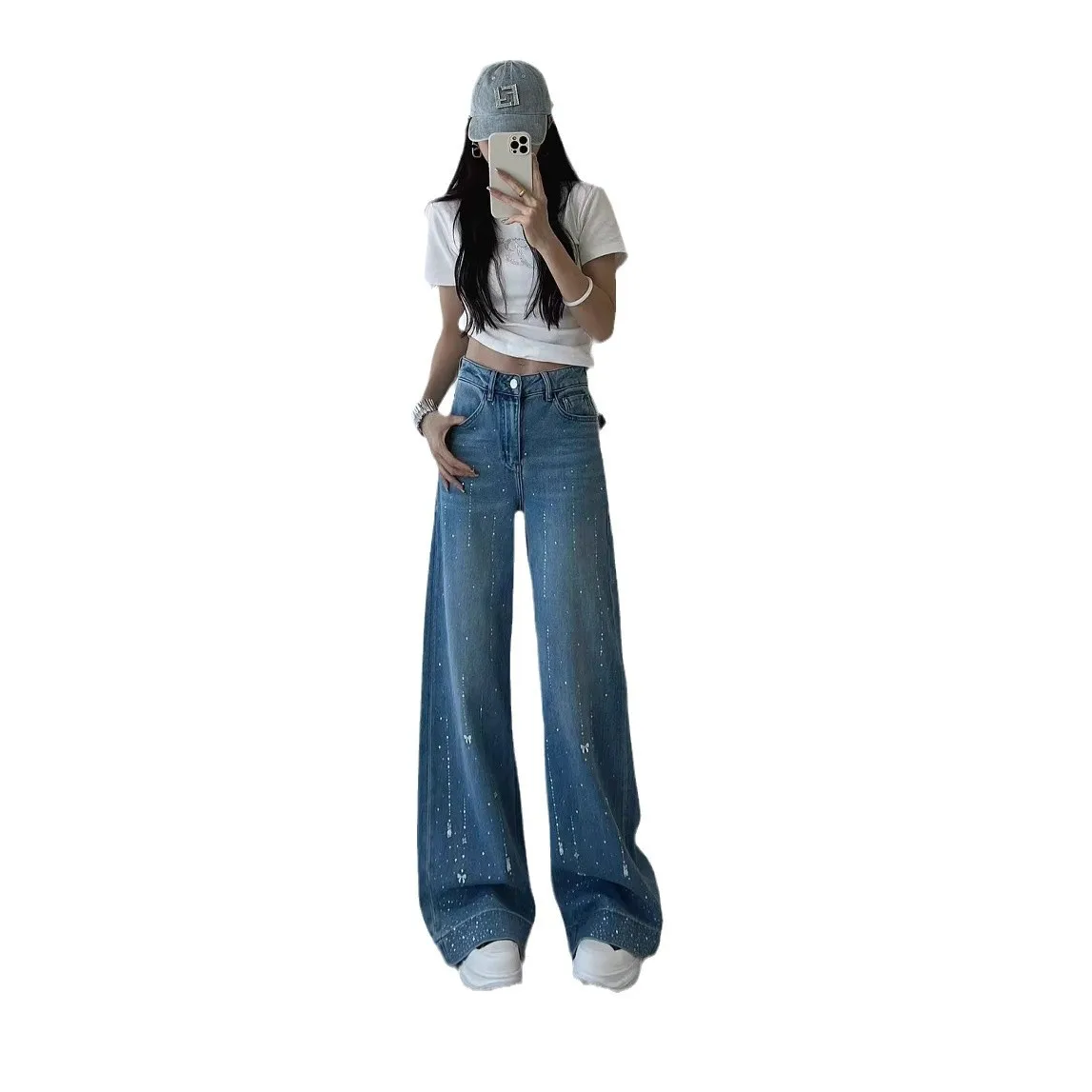 2025 Early Spring New High-Waisted Wide-Leg Meteor Hot Drilled Bowknot Straight-Leg Jeans For Women Versatile Long Pants 4