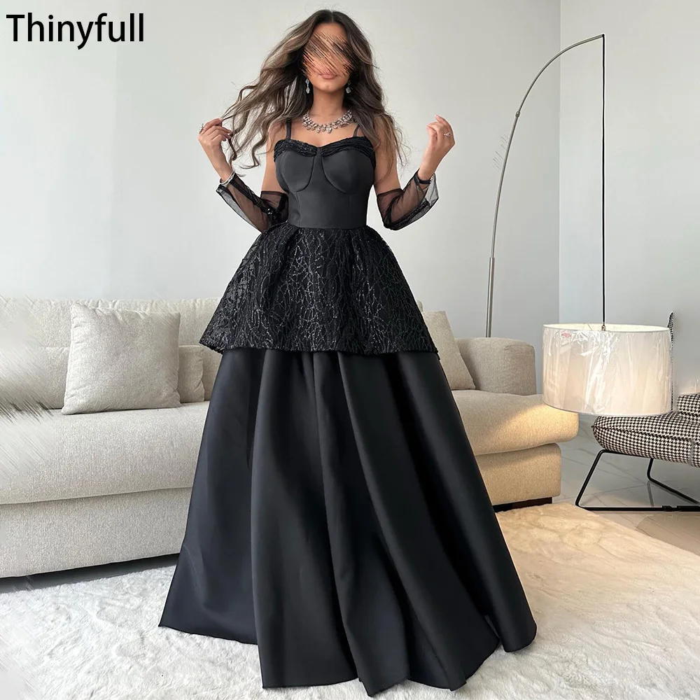 

Thinyfull Black A Line Glitter Prom Party Dresses Sweetheart Spaghetti Strap Tiered Evening Gowns Arabia Formal Party Occasion