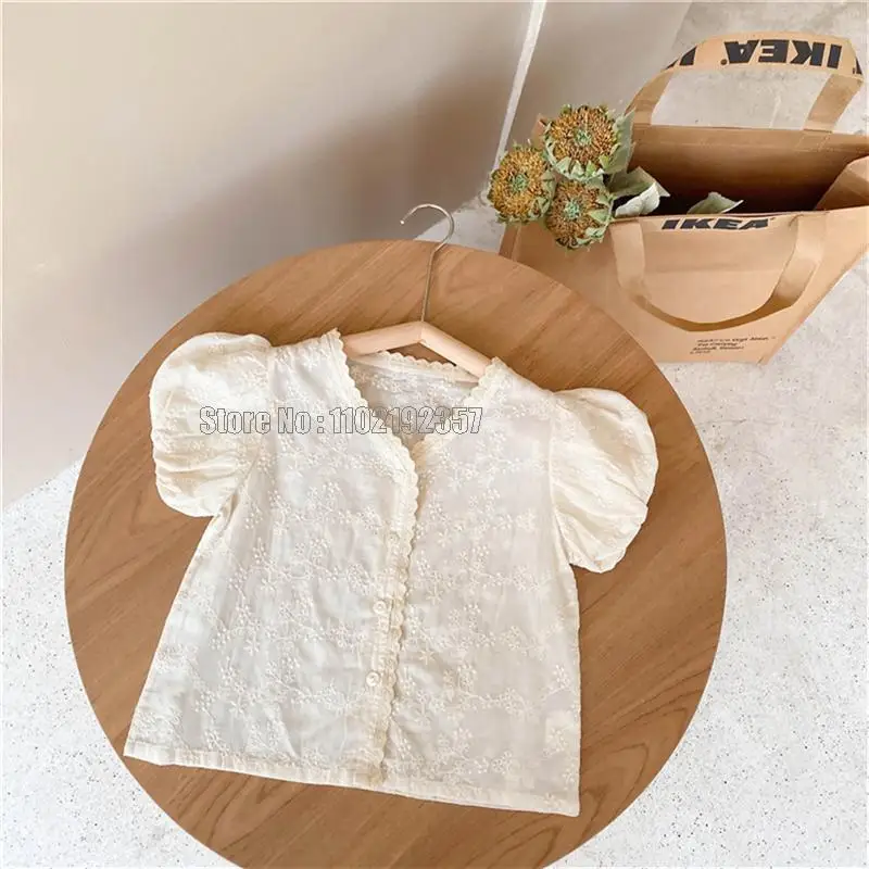 Tanio New Summer Baby Girls Floral Embroidery Puff Sleeve Shirts