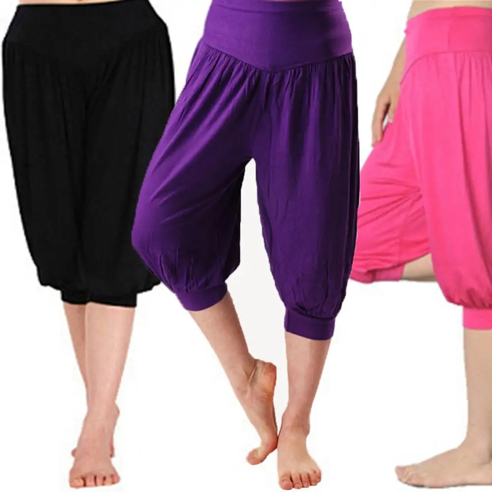 

Summer Women Yoga Pants Modal Solid Color Yoga Cropped Pants Wide Elastic Waistband Dance Performance Wide Leg Pants Bloomers