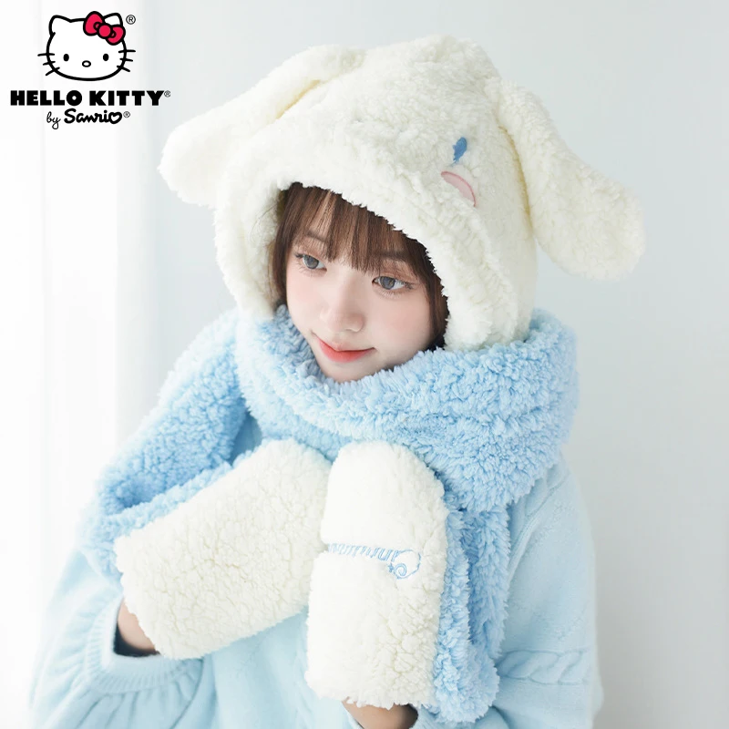 

Sanrio Cinnamoroll My Melody Kuromi Cartoon Plush Hat Gloves and Scarf All in One Cute Girly Heart Winter Warm Items Girls Gifts