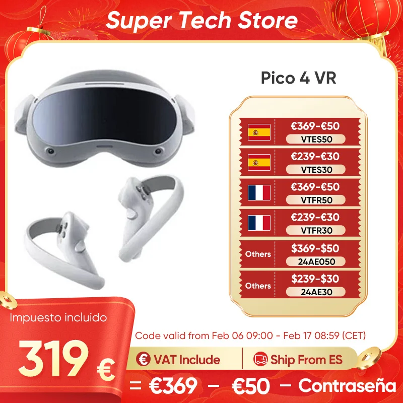 Cuffie Originali Pico 4 Vr Reality Occhiali 3D Display 4K + Con Bilanciere Wireless Per Giochi Metaverse E Stream, Precio Con Iva Inc