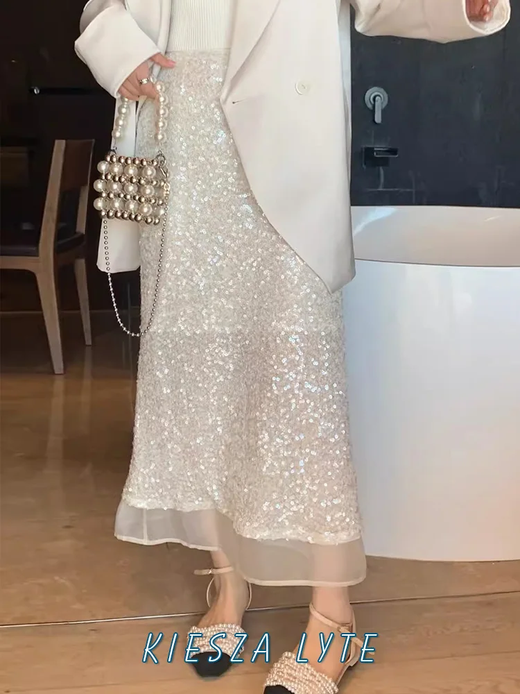 

Новинка лета 2020, Дизайнерские юбки с блестками и высокой талией, красно-белая длинная юбка y2k, одежда высокого качества, корейская модная одежда