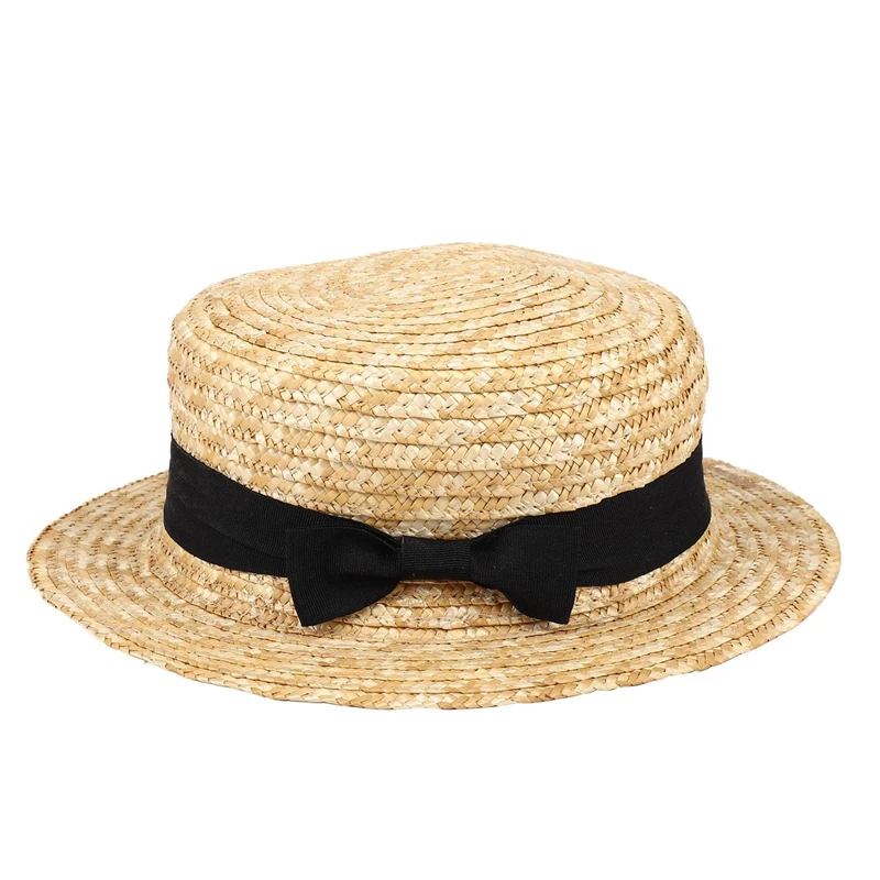 

Cute Child Girls Straw Hat Bowknot Sun Hat Kids Large Brim Beach Summer Boater Beach Ribbon Round Flat Top Fedora Hat