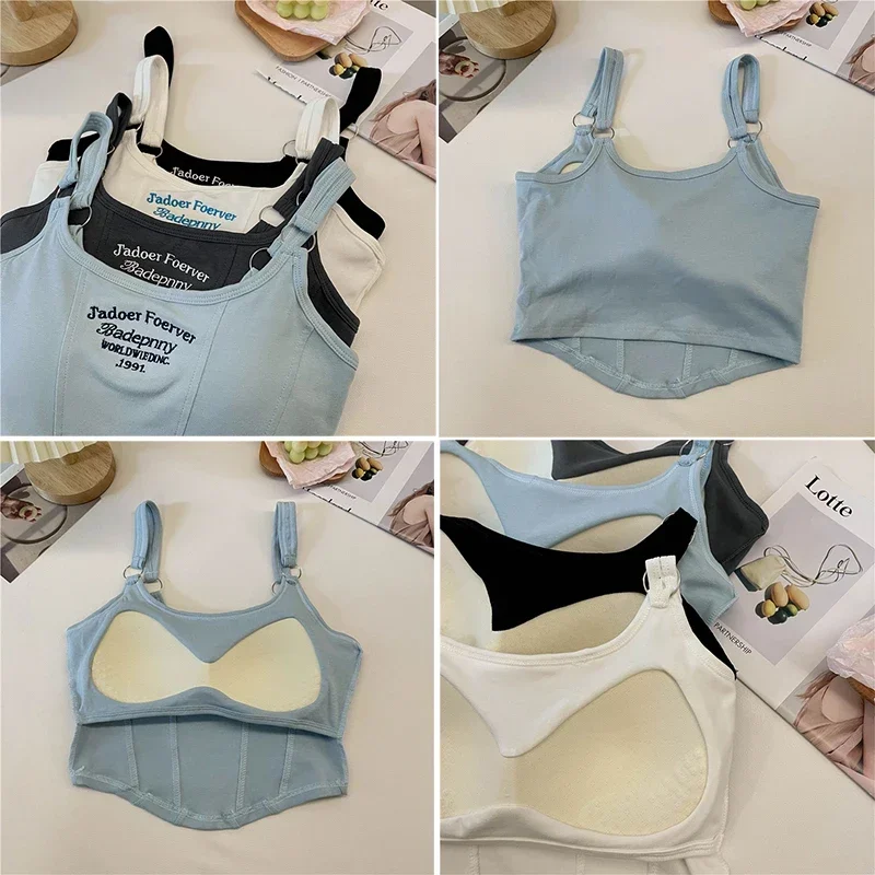 Women Summer Tops Camisole Square Collar Tank Top Y2k Sleeveless Crop Tops Pad Fashion Vest Embroidery Letter