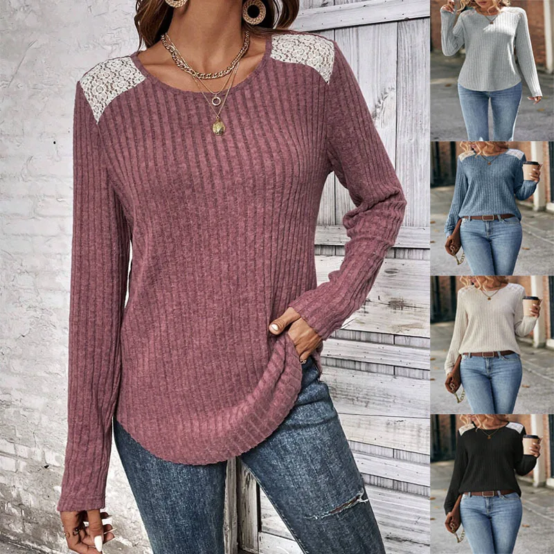

Women's Tops New Autumn Winter Solid Round Neck Pit Striped Brushed T-shirt Lace Long Sleeve Casual Fashion Female Clothing