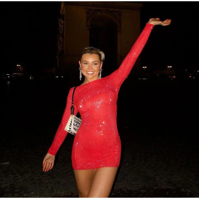 Sexy Sequins Backless Red Christmas Mini Dress Shiny O-neck Long Sleeve Dresses Female New Lady Slim Party Club Gowns