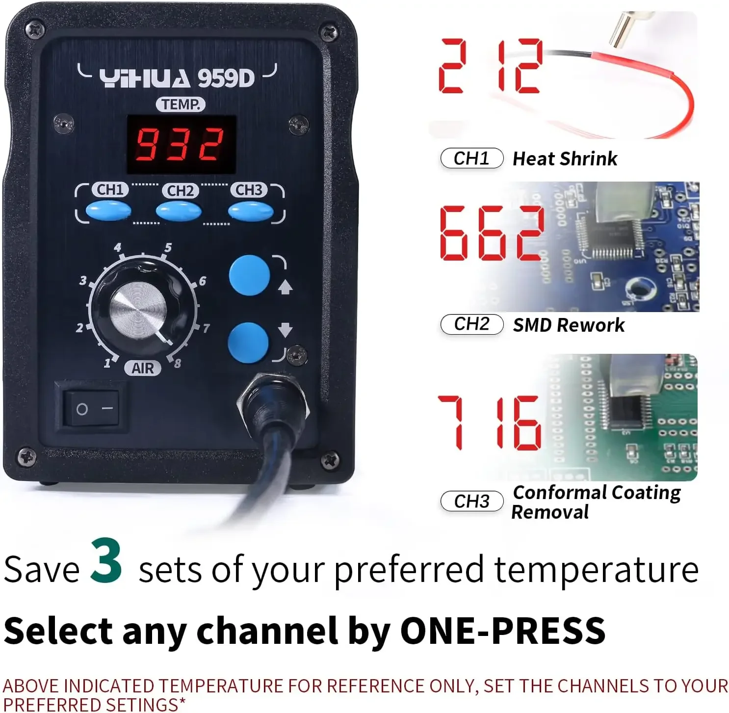 959D-Digital Hot Air Rework Station High Power with 3 Memories, Airflow Efficiency &deg;F /&deg;C Display Accurate Temp 212&deg;F~932&deg;F