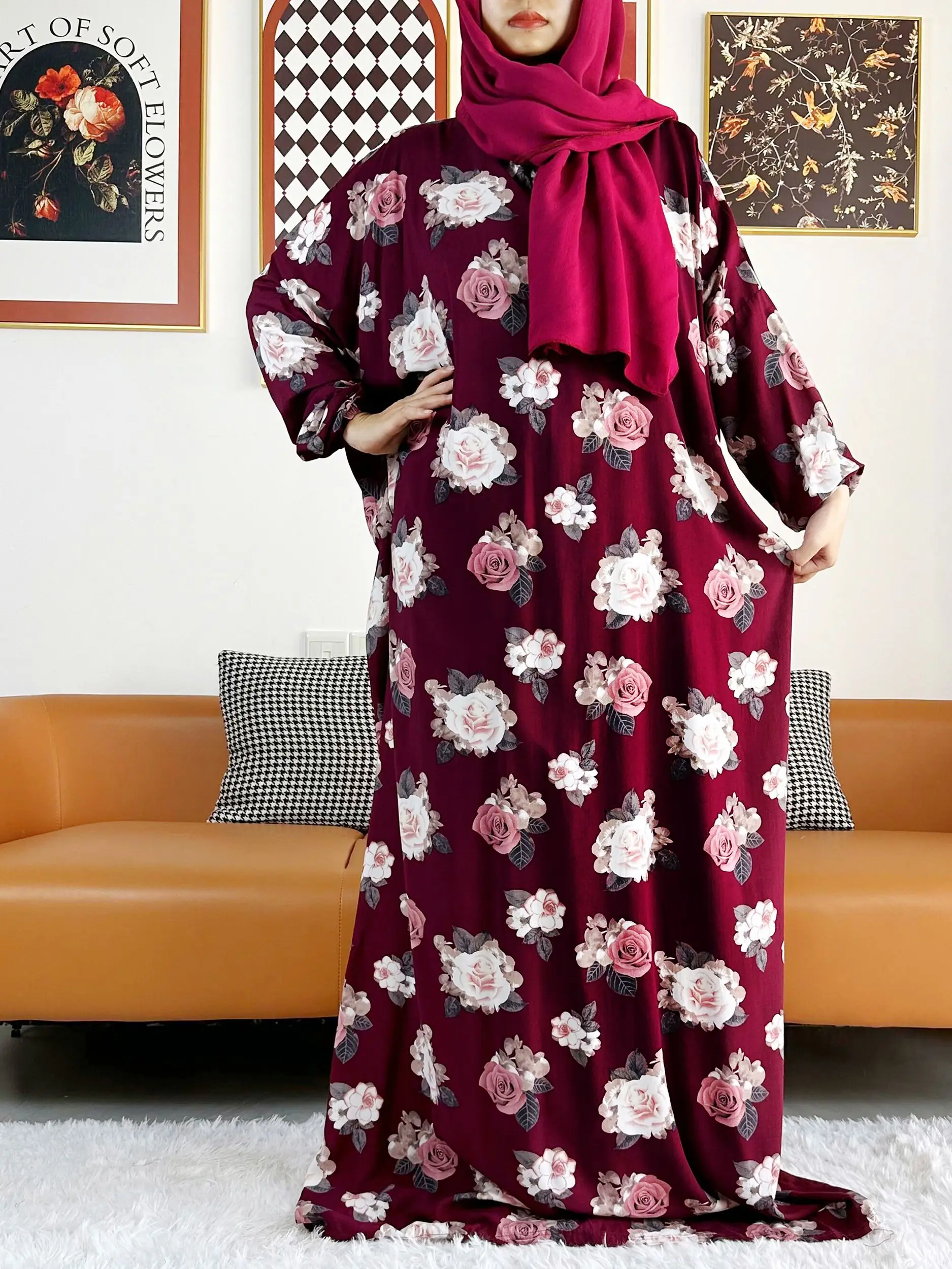 2025 Muslim Rayon Abayas Color Pitch Ramadan Prayer Dubai Turkey Middle East Femme Robe Floral Loose African Dress Turban Joint 4