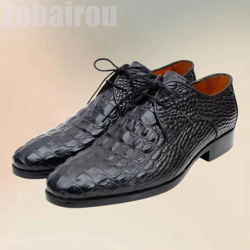 

Black Crocodile Print Strappy Men Derby Shoes Fashion Lace Up Men Shoes Luxurious Handmade Party Banquet Office Men Dress Shoes