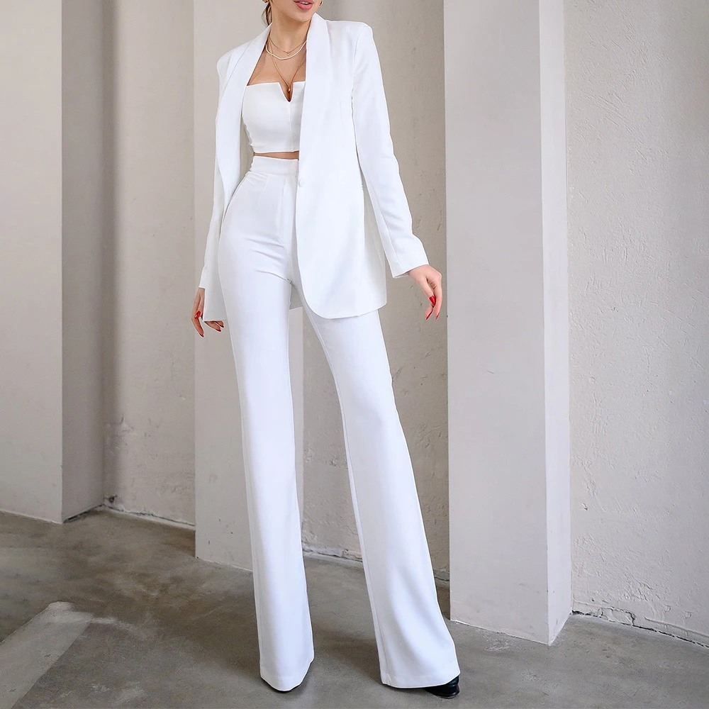 Wide Leg Pants Elegant 2-piece Sets for Women Single Breasted Women's Suits Shawl Collar Slim Long Sleeves Blazer Clothing