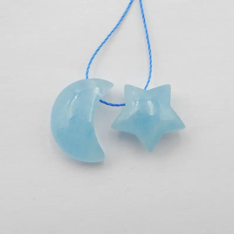 2Pcs Natural Stone Precious Blue Aquamarine Fashion Jewelry Star Moon Necklace Accessories Pendant Beads 16x11x7mm 3g