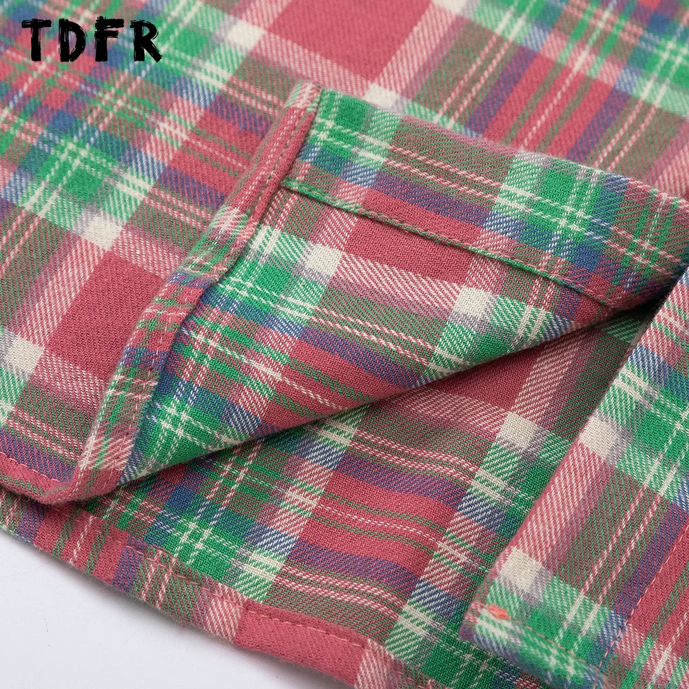 Patch Embroidery Plaid Shirt Mens Retro Casual Loose Pocket Lapel Single Breasted Long Sleeve Shirts Men