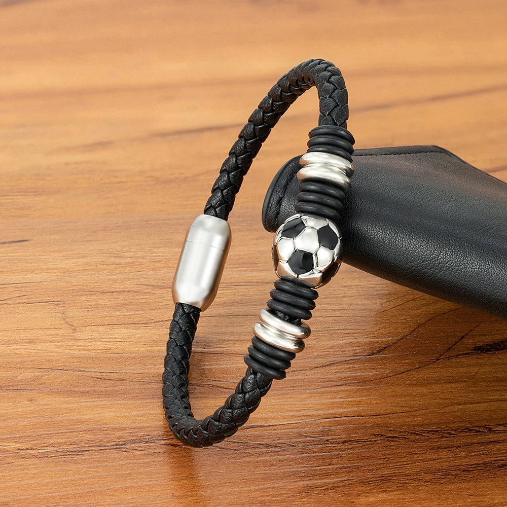 Leather Bracelet Men's Stainless Steel Button Football Accessories