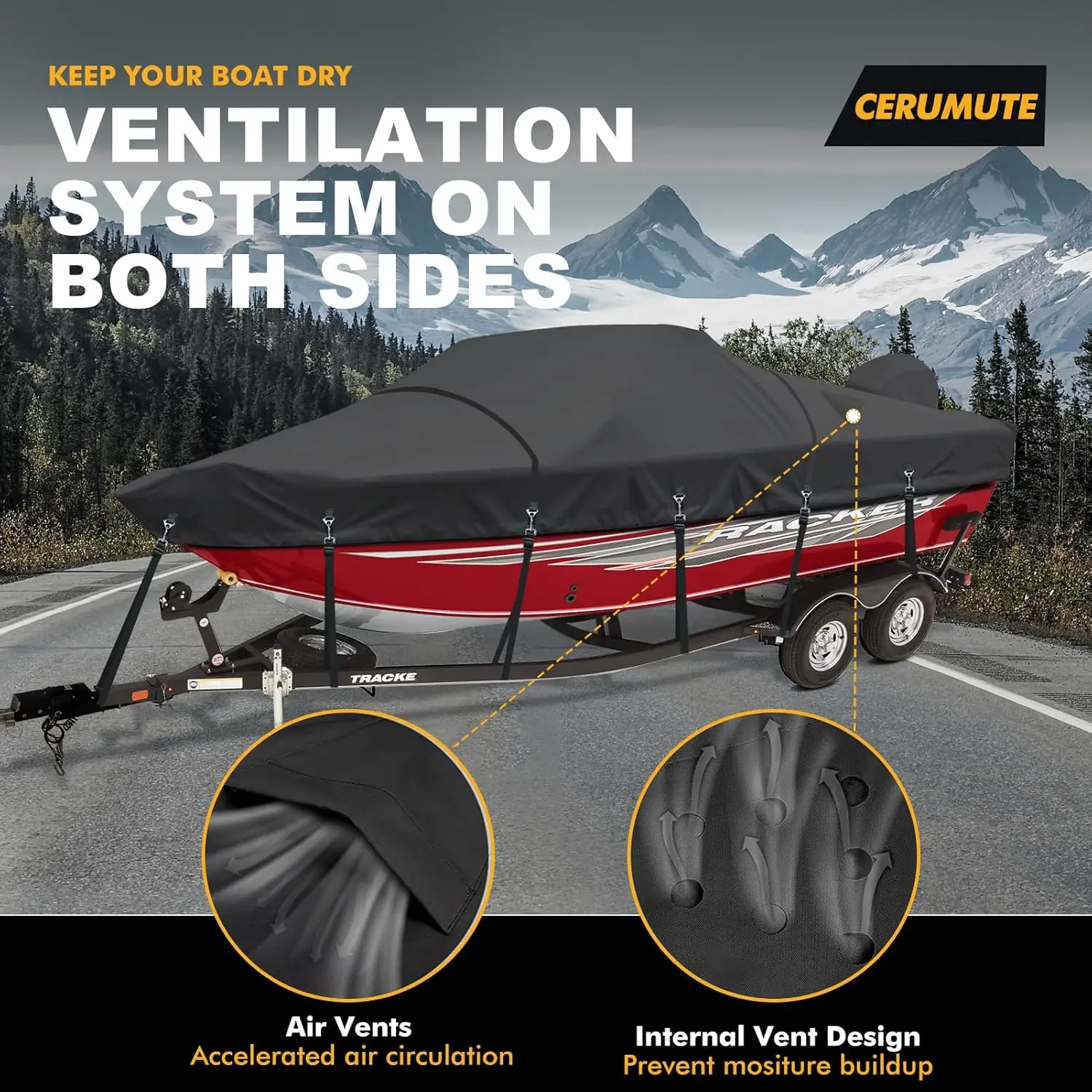 Heavy Duty 1200D Waterproof Boat Covers 17-19ft with Motor Cover and Windproof Adjustable Metal Buckle Fits Bass Boat, V-Hull, T