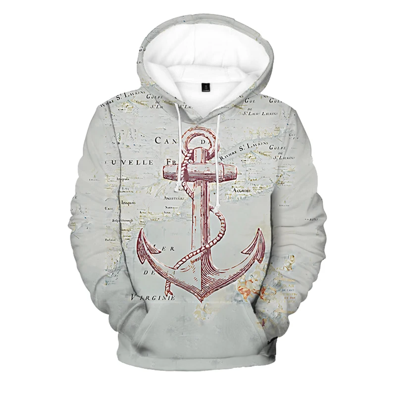 

Hoodie For Men Boat Anchor Print Casual Long Sleeve Sweatshirt Large Hook Pattern Hooded Coat Hip Hop Oversized Clothing Top