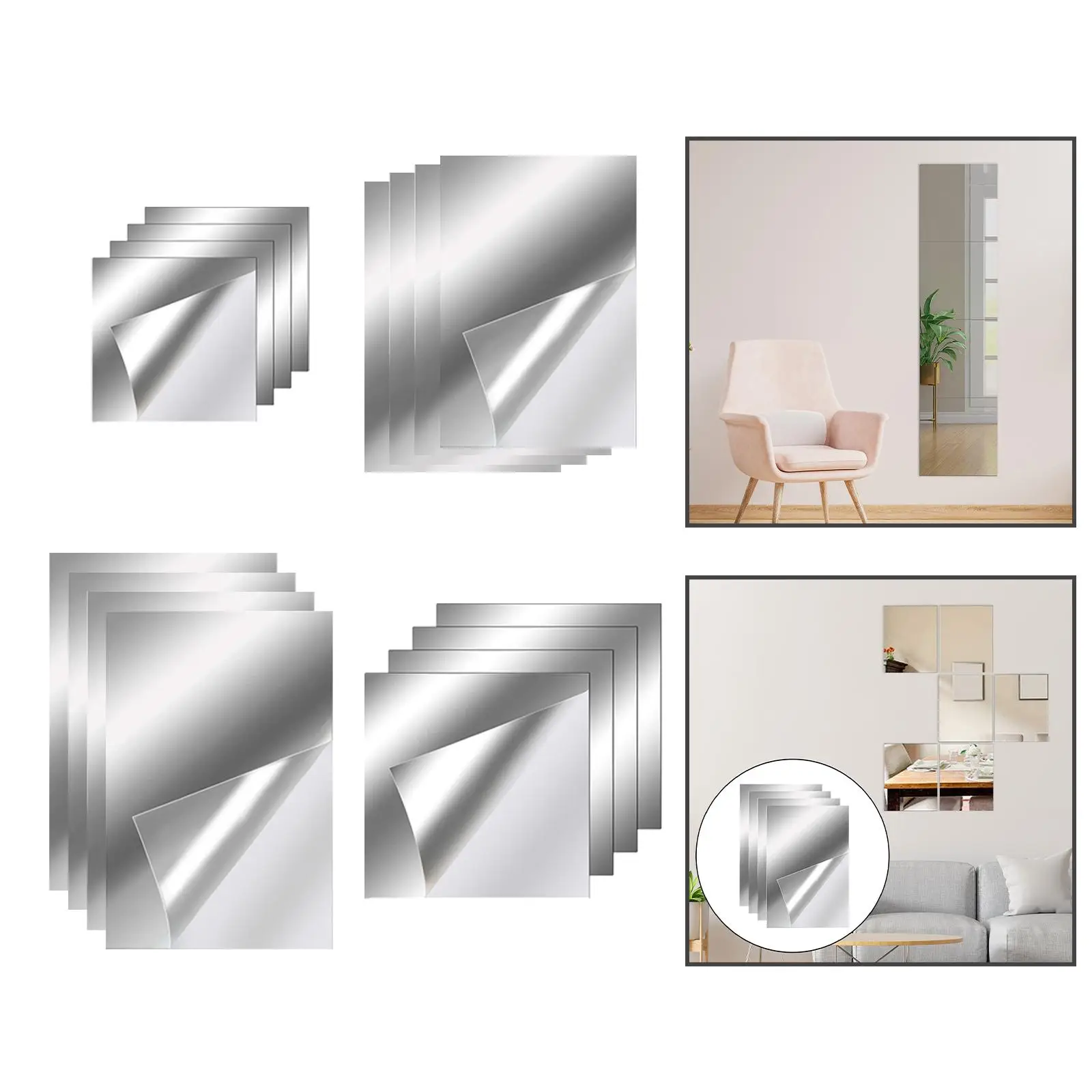 4 Pieces of Flexible Mirror Wall, Acrylic Mirror Sheet, Full Length Mirror  Tiles 20cmx20cm 