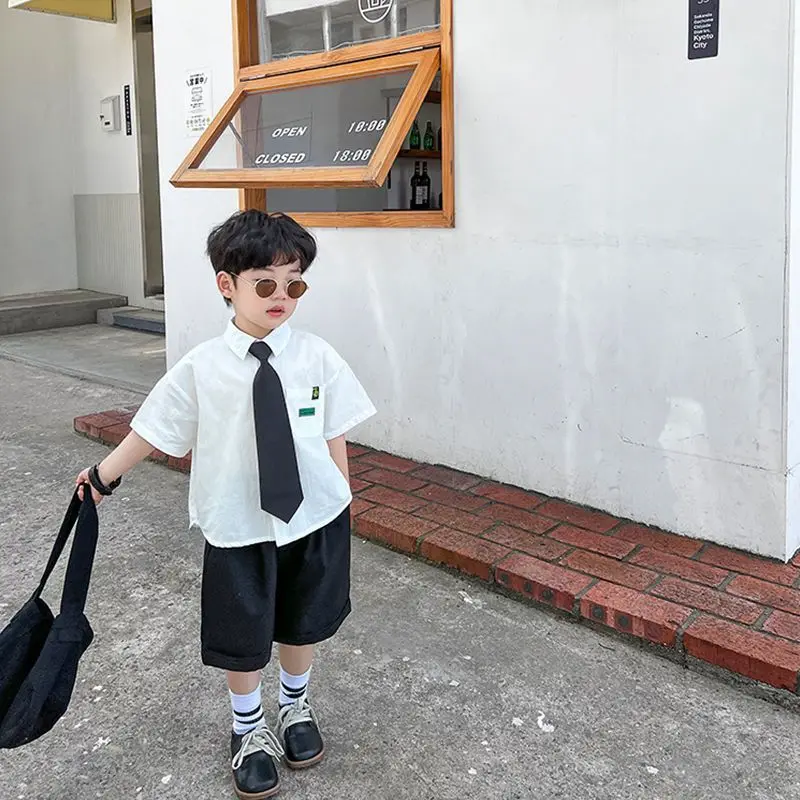 Conjunto de t-shirts e shorts adolescentes, roupa escolar coreana, terno engraçado, verão, 4, 6, 8, 10, 12 anos, 2 peças, 2023