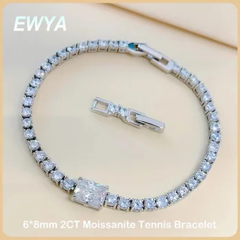 EWYA 100% Real 6*8mm 2ct Radiant Cut Moissanite Tennis Bracelet for Woman Girl Party S925 Sterling Silver Diamond Link Bracelets