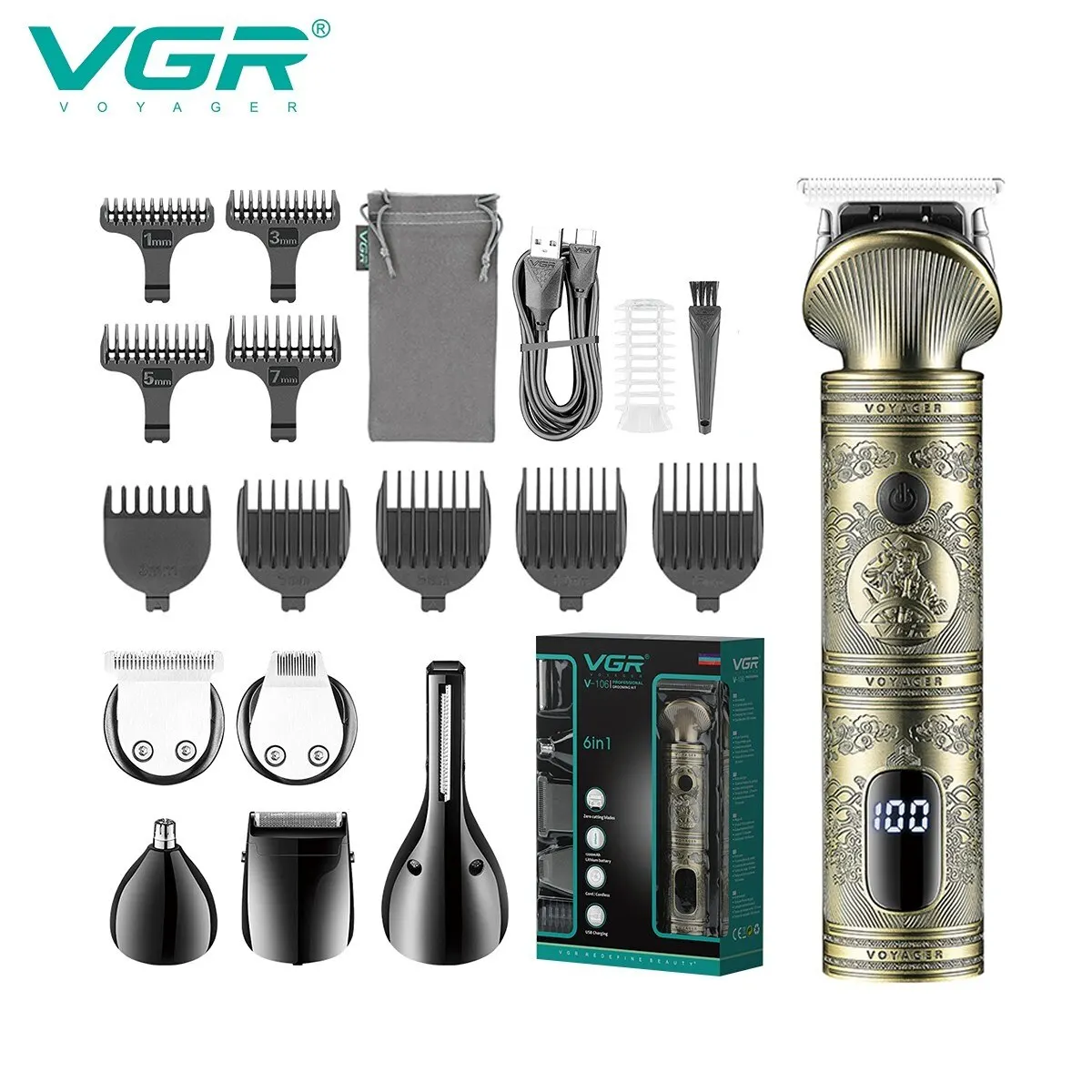 Vgr Trimmer Haartrimmer 6 In 1 Tondeuse Trimmer Scheerapparaat Professionele Oplaadbare Metalen Vintage V-106