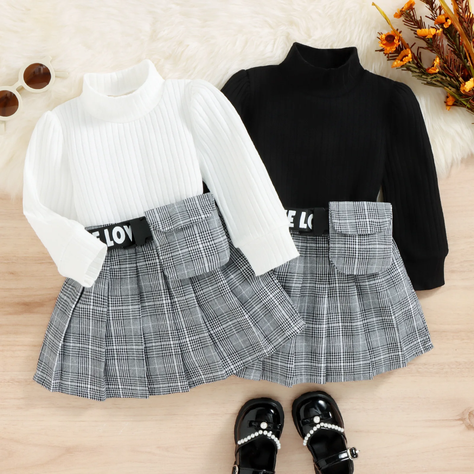 

Autumn Winter Children Knitted Suit Kids Girls Casual 2 Pieces Sets O-neck Sweater+Plaid Skirt Baby Girls Clothes Sets