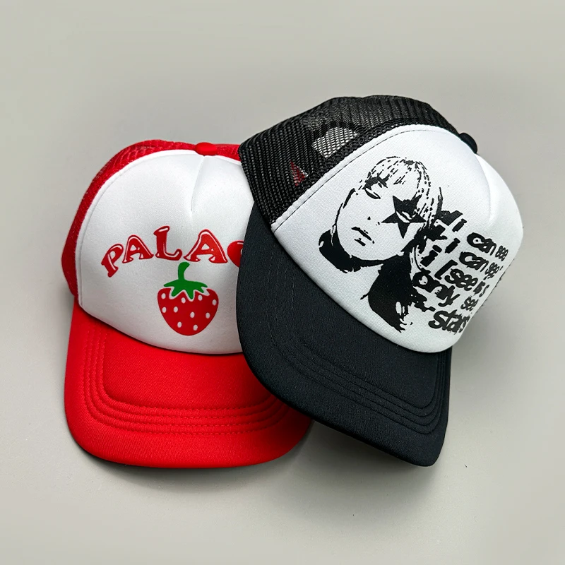 New Cruise Anime Strawberry Letter Print Trucker Half Mesh Caps Personal Sunshade Breathable Baseball Hats Men Women Fashion